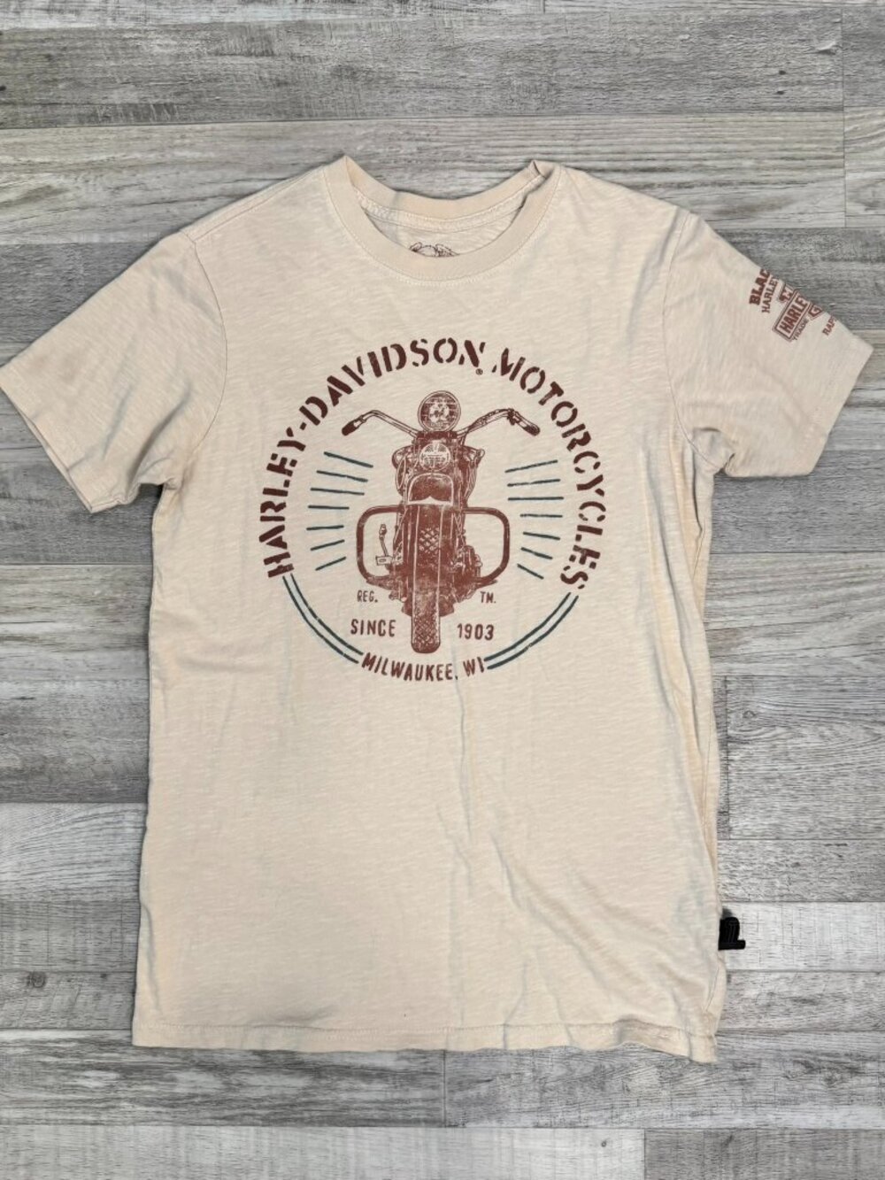 Harley Davidson Motorcycles Short Sleeve Men's Beige Graphic Tee Size Small K27